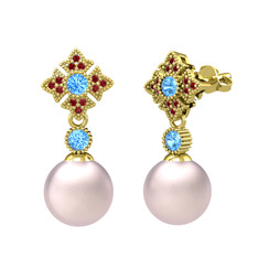 Pembe inci, akuamarin ve garnet 8 ayar altın küpe