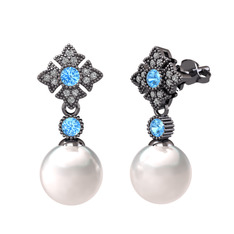 Teimei İnci Küpe - Inci, akuamarin ve swarovski 925 ayar siyah rodyum kaplama gümüş küpe #1w4us4n