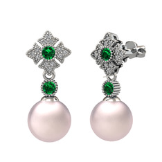 Teimei İnci Küpe - Pembe inci, yeşil kuvars ve beyaz zirkon 18 ayar beyaz altın küpe #1w97cf9