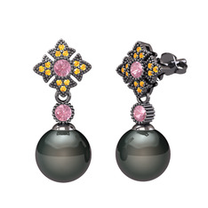 Teimei İnci Küpe - Siyah inci, pembe kuvars ve sitrin 925 ayar siyah rodyum kaplama gümüş küpe #1wq99k1