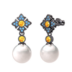 Teimei İnci Küpe - Inci, sitrin ve akuamarin 925 ayar siyah rodyum kaplama gümüş küpe #1x3ms1l