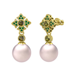 Teimei İnci Küpe - Pembe inci, peridot ve yeşil kuvars 18 ayar altın küpe #1x4dfsp