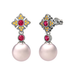Teimei İnci Küpe - Pembe inci, rodolit garnet ve sitrin 8 ayar beyaz altın küpe #1x95d05