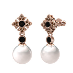 Teimei İnci Küpe - Inci, siyah zirkon ve dumanlı kuvars 14 ayar rose altın küpe #1xel8ed