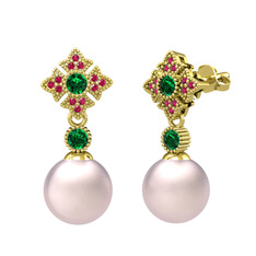 Teimei İnci Küpe - Pembe inci, yeşil kuvars ve rodolit garnet 8 ayar altın küpe #1xf5x2i