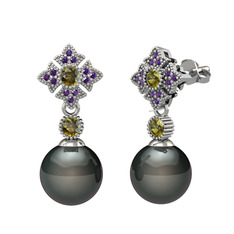 Teimei İnci Küpe - Siyah inci, peridot ve ametist 8 ayar beyaz altın küpe #1yclwi9