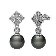 Siyah inci, swarovski ve beyaz zirkon 14 ayar beyaz altın küpe