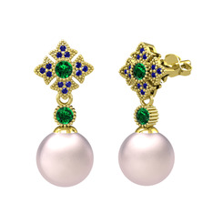 Pembe inci, yeşil kuvars ve lab safir 925 ayar altın kaplama gümüş küpe