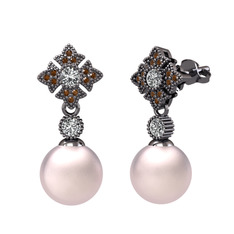 Teimei İnci Küpe - Pembe inci, swarovski ve dumanlı kuvars 925 ayar siyah rodyum kaplama gümüş küpe #1yqckdb