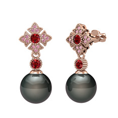 Teimei İnci Küpe - Siyah inci, garnet ve pembe kuvars 18 ayar rose altın küpe #1ys1ers