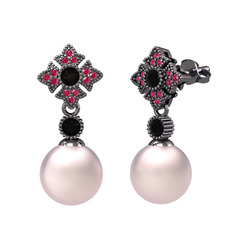 Teimei İnci Küpe - Pembe inci, siyah zirkon ve rodolit garnet 925 ayar siyah rodyum kaplama gümüş küpe #21loil