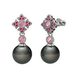 Teimei İnci Küpe - Siyah inci, pembe kuvars ve rodolit garnet 8 ayar beyaz altın küpe #2fp1bo