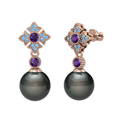 Teimei İnci Küpe - Siyah inci, ametist ve akuamarin 925 ayar rose altın kaplama gümüş küpe #2jju9z