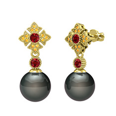 Siyah inci, garnet ve sitrin 8 ayar altın küpe