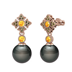 Teimei İnci Küpe - Siyah inci, sitrin ve peridot 14 ayar rose altın küpe #2s6uo0