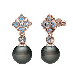 Teimei İnci Küpe - Siyah inci, beyaz zirkon ve akuamarin 925 ayar rose altın kaplama gümüş küpe #2ug4l9