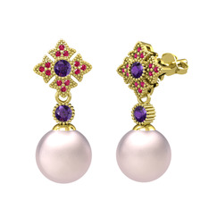 Pembe inci, ametist ve rodolit garnet 18 ayar altın küpe