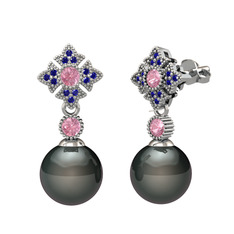 Teimei İnci Küpe - Siyah inci, pembe kuvars ve lab safir 925 ayar gümüş küpe #3gba72