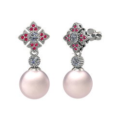 Pembe inci, pırlanta ve rodolit garnet 18 ayar beyaz altın küpe (0.44 karat)