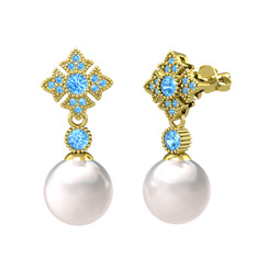 Teimei İnci Küpe - Inci ve akuamarin 8 ayar altın küpe #472m1e