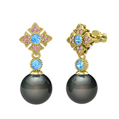 Teimei İnci Küpe - Siyah inci, akuamarin ve pembe kuvars 14 ayar altın küpe #4gnk87