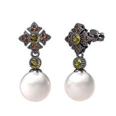 Teimei İnci Küpe - Inci, peridot ve dumanlı kuvars 925 ayar siyah rodyum kaplama gümüş küpe #4hjnwq