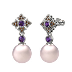 Teimei İnci Küpe - Pembe inci, ametist ve dumanlı kuvars 14 ayar beyaz altın küpe #4lqw4d