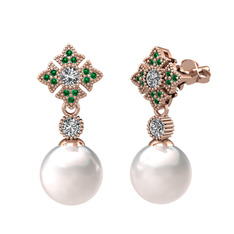 Teimei İnci Küpe - Inci, swarovski ve yeşil kuvars 18 ayar rose altın küpe #5926ru