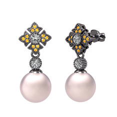 Teimei İnci Küpe - Pembe inci, swarovski ve sitrin 925 ayar siyah rodyum kaplama gümüş küpe #5fzyi2