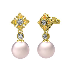 Pembe inci, swarovski ve sitrin 14 ayar altın küpe