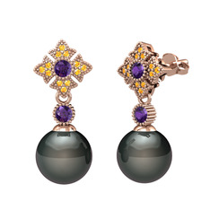 Teimei İnci Küpe - Siyah inci, ametist ve sitrin 18 ayar rose altın küpe #5und3q