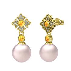 Pembe inci, sitrin ve beyaz zirkon 8 ayar altın küpe