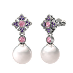 Teimei İnci Küpe - Inci, pembe kuvars ve ametist 8 ayar beyaz altın küpe #6dqbmn