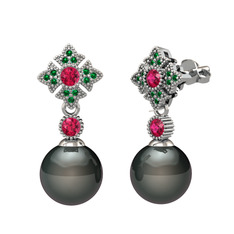 Siyah inci, rodolit garnet ve yeşil kuvars 18 ayar beyaz altın küpe