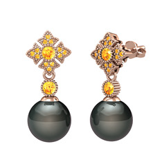 Teimei İnci Küpe - Siyah inci ve sitrin 18 ayar rose altın küpe #6lkks1