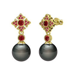 Siyah inci, garnet ve rodolit garnet 8 ayar altın küpe