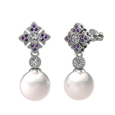 Teimei İnci Küpe - Inci, swarovski ve ametist 8 ayar beyaz altın küpe #6zp26z