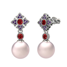 Teimei İnci Küpe - Pembe inci, garnet ve ametist 14 ayar beyaz altın küpe #7em8lo