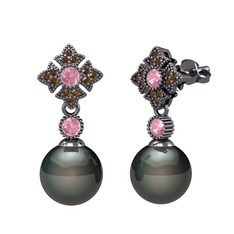 Teimei İnci Küpe - Siyah inci, pembe kuvars ve dumanlı kuvars 925 ayar siyah rodyum kaplama gümüş küpe #7fhtjo