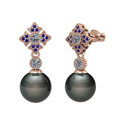 Teimei İnci Küpe - Siyah inci, pırlanta ve lab safir 8 ayar rose altın küpe (0.44 karat) #7ht097