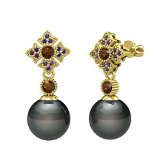 Teimei İnci Küpe - Siyah inci, dumanlı kuvars ve ametist 14 ayar altın küpe #7j59ls