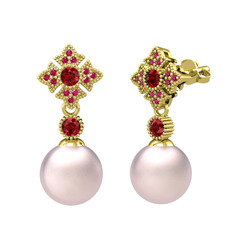 Teimei İnci Küpe - Pembe inci, garnet ve rodolit garnet 18 ayar altın küpe #7kxcix