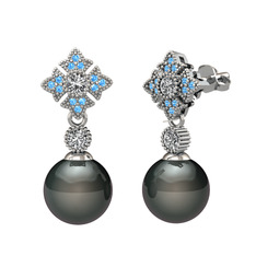 Teimei İnci Küpe - Siyah inci, beyaz zirkon ve akuamarin 925 ayar gümüş küpe #86pk5q