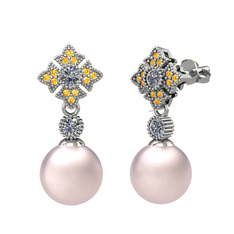 Pembe inci, pırlanta ve sitrin 18 ayar beyaz altın küpe (0.44 karat)