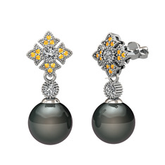 Siyah inci, swarovski ve sitrin 8 ayar beyaz altın küpe