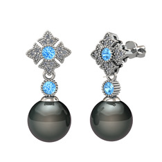 Teimei İnci Küpe - Siyah inci, akuamarin ve pırlanta 925 ayar gümüş küpe (0.2112 karat) #8l6l5f