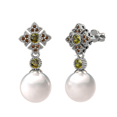 Teimei İnci Küpe - Inci, peridot ve dumanlı kuvars 18 ayar beyaz altın küpe #8lbvg8