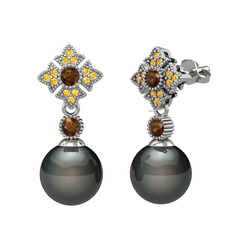 Teimei İnci Küpe - Siyah inci, dumanlı kuvars ve sitrin 8 ayar beyaz altın küpe #8pwni1