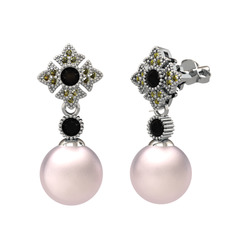 Teimei İnci Küpe - Pembe inci, siyah zirkon ve peridot 14 ayar beyaz altın küpe #93687q
