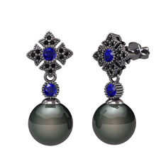 Teimei İnci Küpe - Siyah inci, lab safir ve siyah zirkon 925 ayar siyah rodyum kaplama gümüş küpe #98ulqw